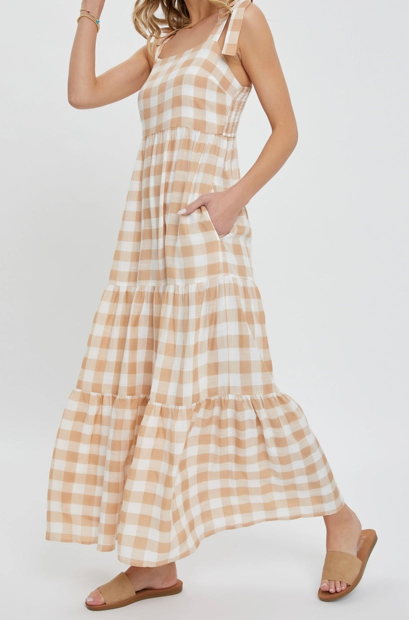 Gingham Maxi Dress - Taupe