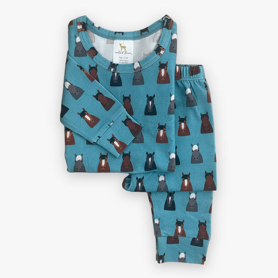Modal Long Sleeve Pajama Set | Wild Horses (Blue)