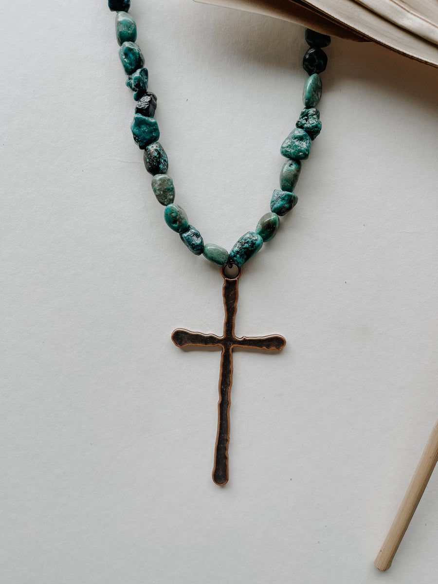 African Turquoise Necklace w/ Copper Cross Pendant