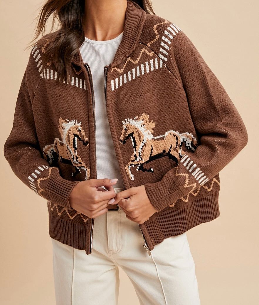 Knitted Western Horse Cotton Cardigan