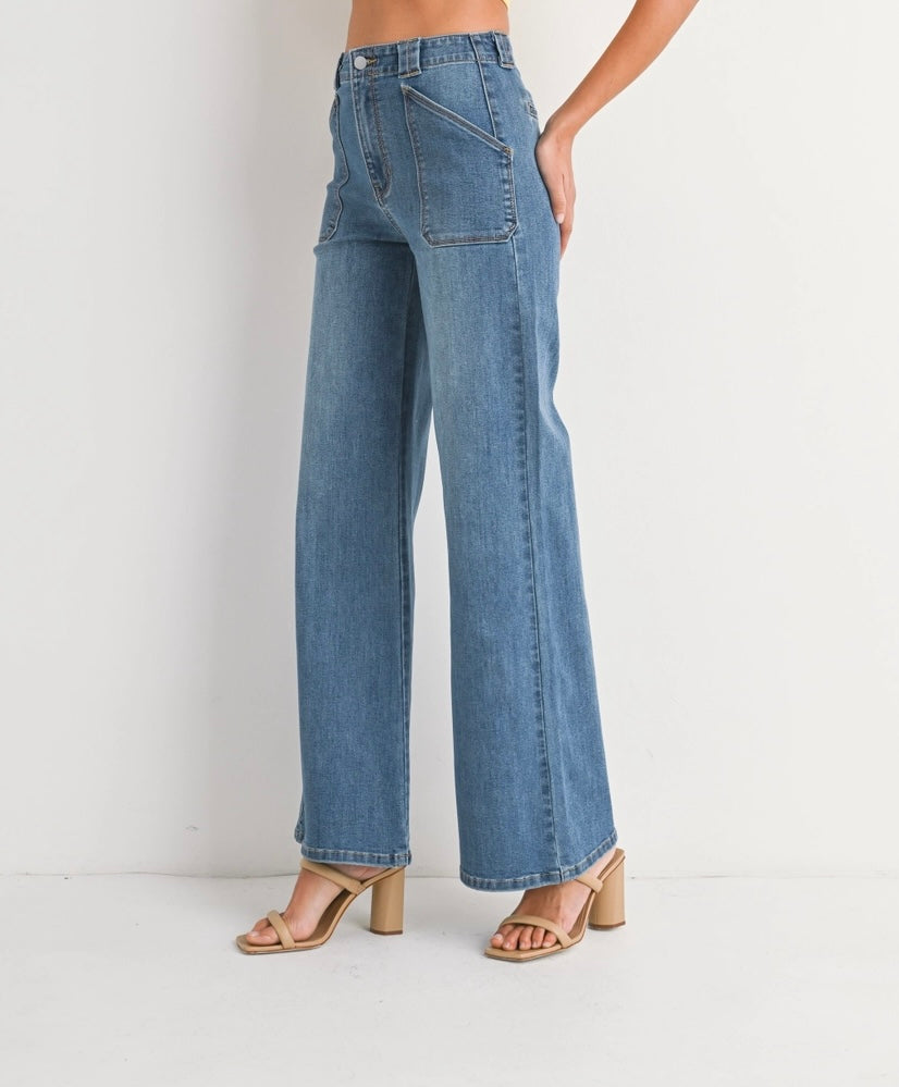 Patch Pocket Wide Leg Flare Jeans