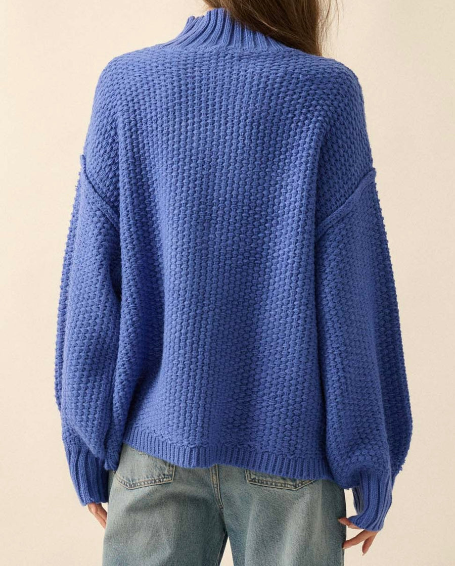 Blue Mock Neck Knit Sweater