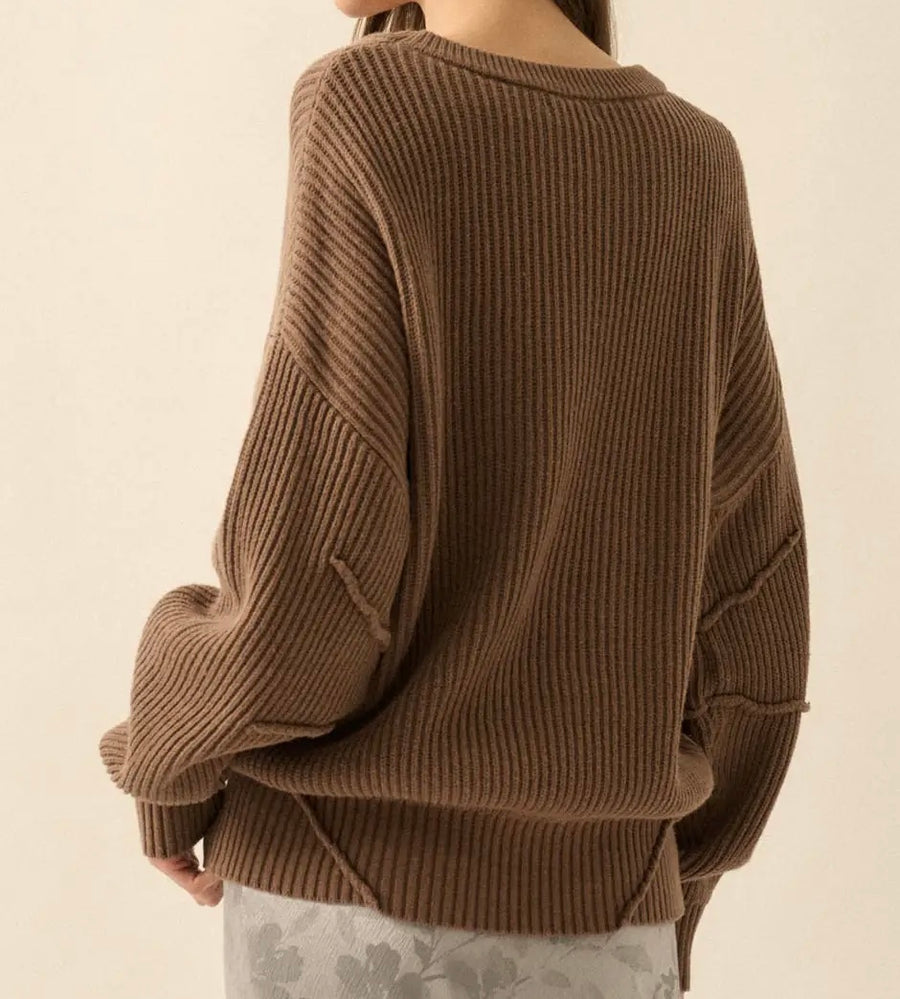 Ribbed Knit Boat Neck Sweater