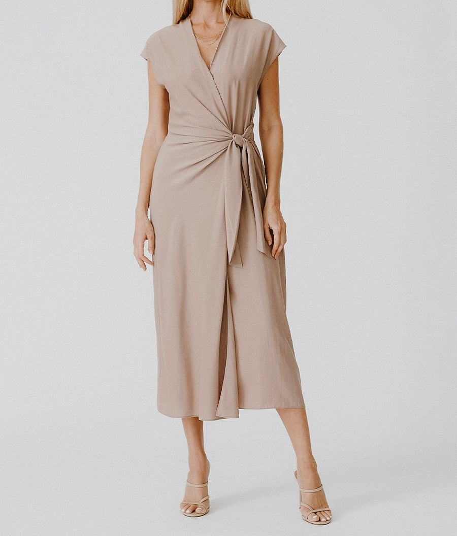 Solid Dolman Cap Sleeve Midi Wrap Dress- Mocha