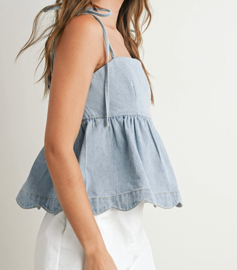 Denim Tie Strap Peplum Top