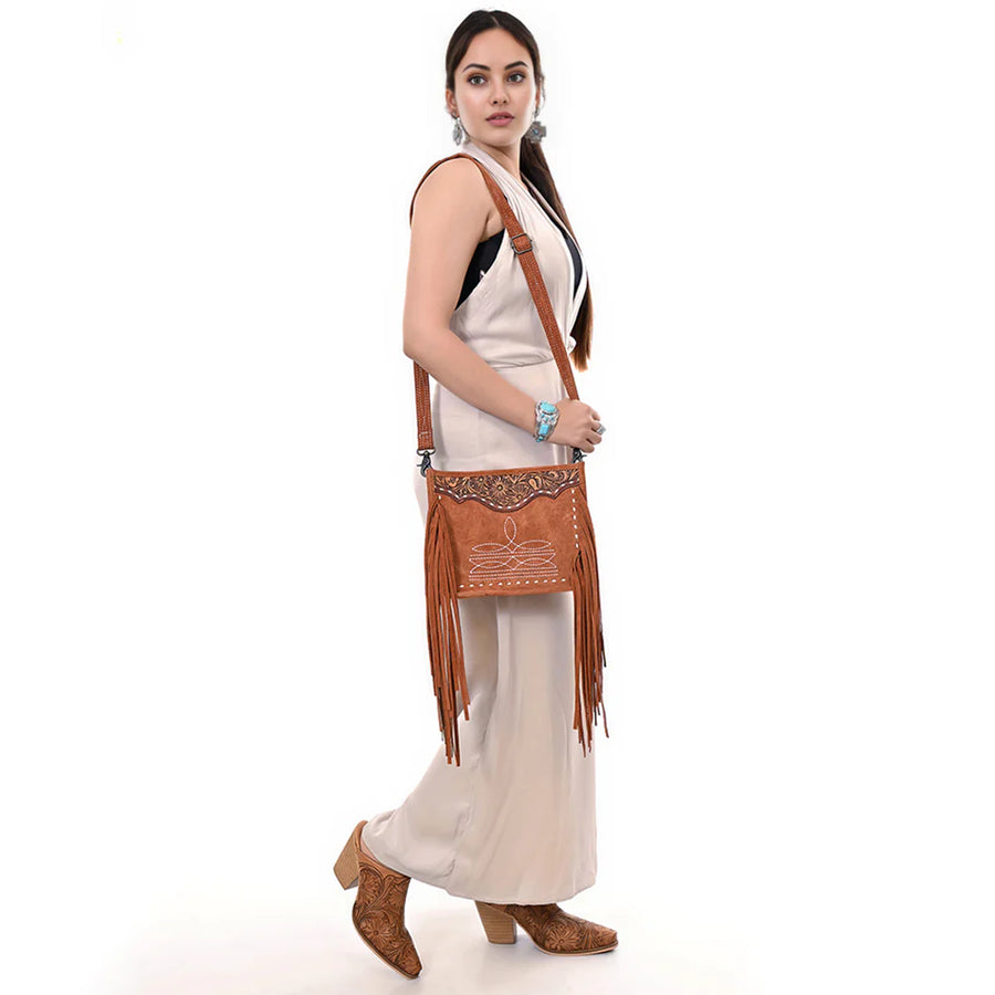Tan Suede Fringe Crossbody Bag