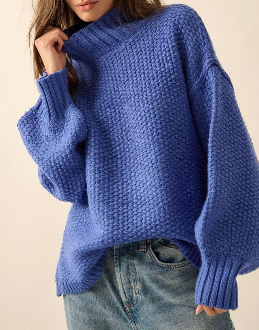Blue Mock Neck Knit Sweater