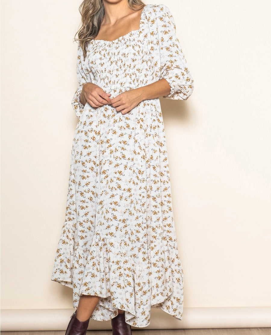 Cream Floral Long Sleeve Smocked Dress