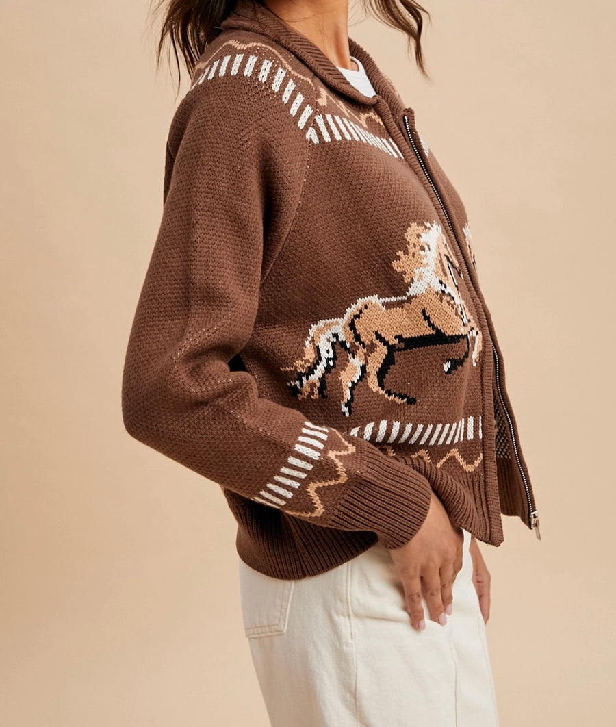 Knitted Western Horse Cotton Cardigan