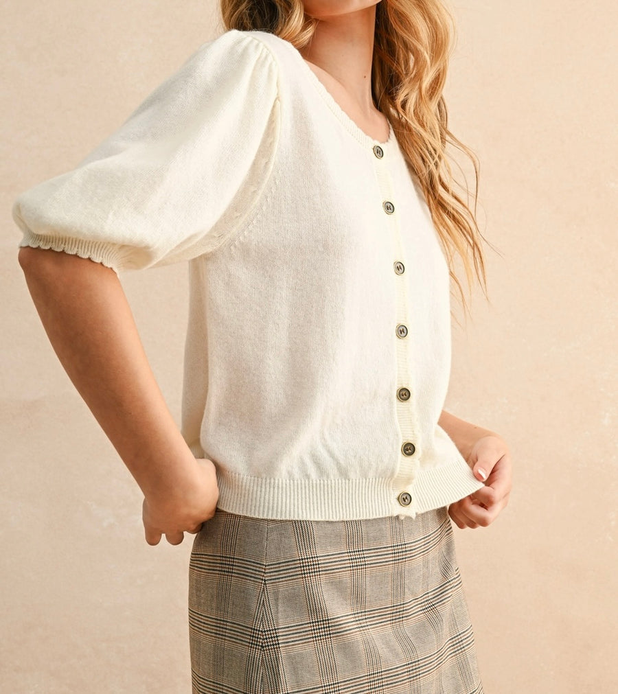 Puff Short Sleeve Button Down Knit Cardigan