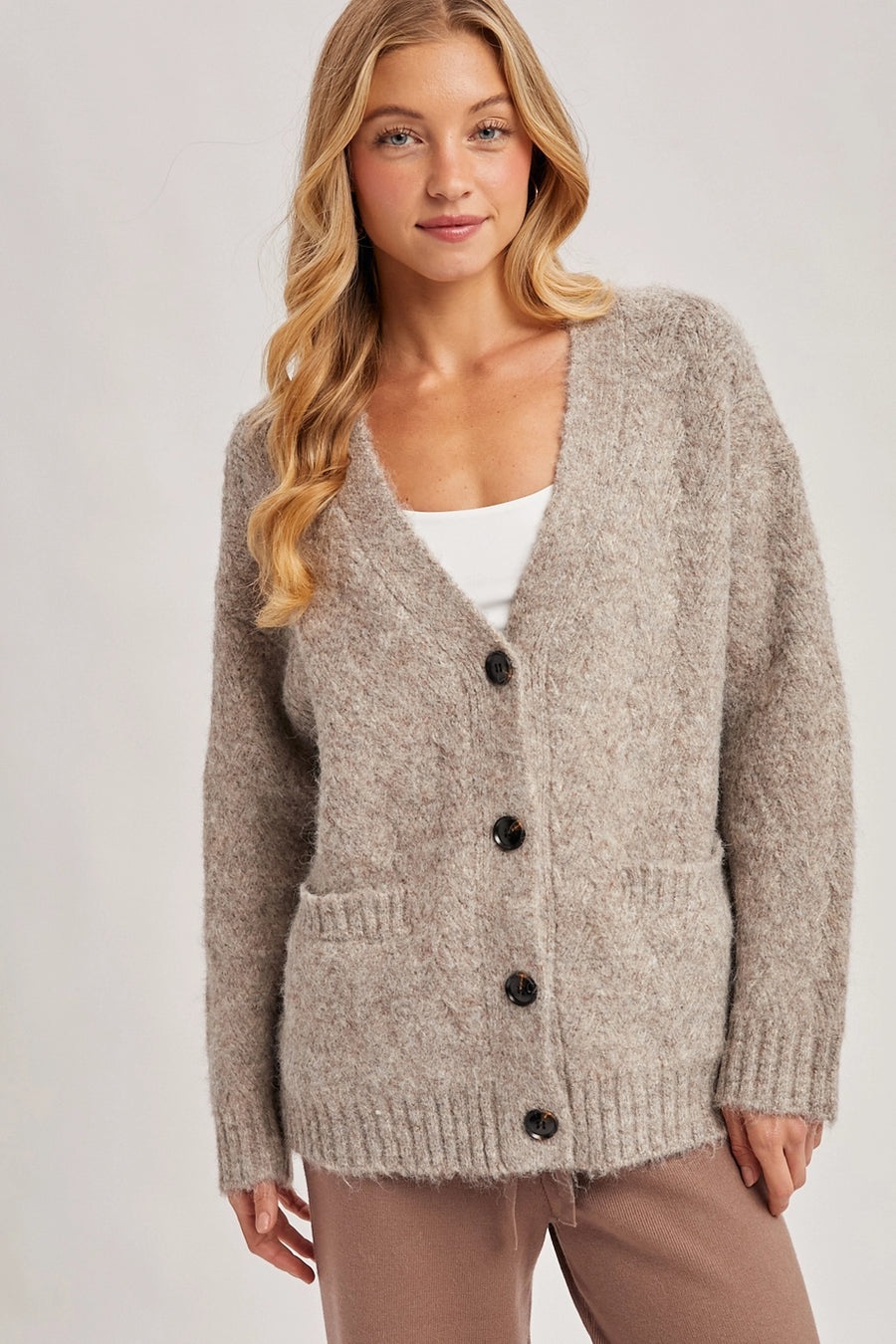 Button Down Fuzzy Heathered Knit Cardigan