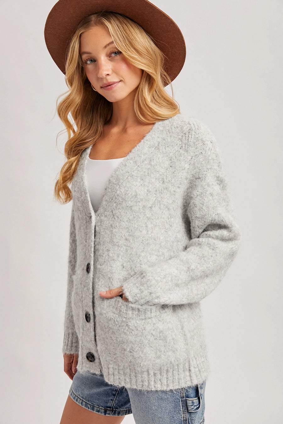 Button Down Fuzzy Heathered Knit Cardigan