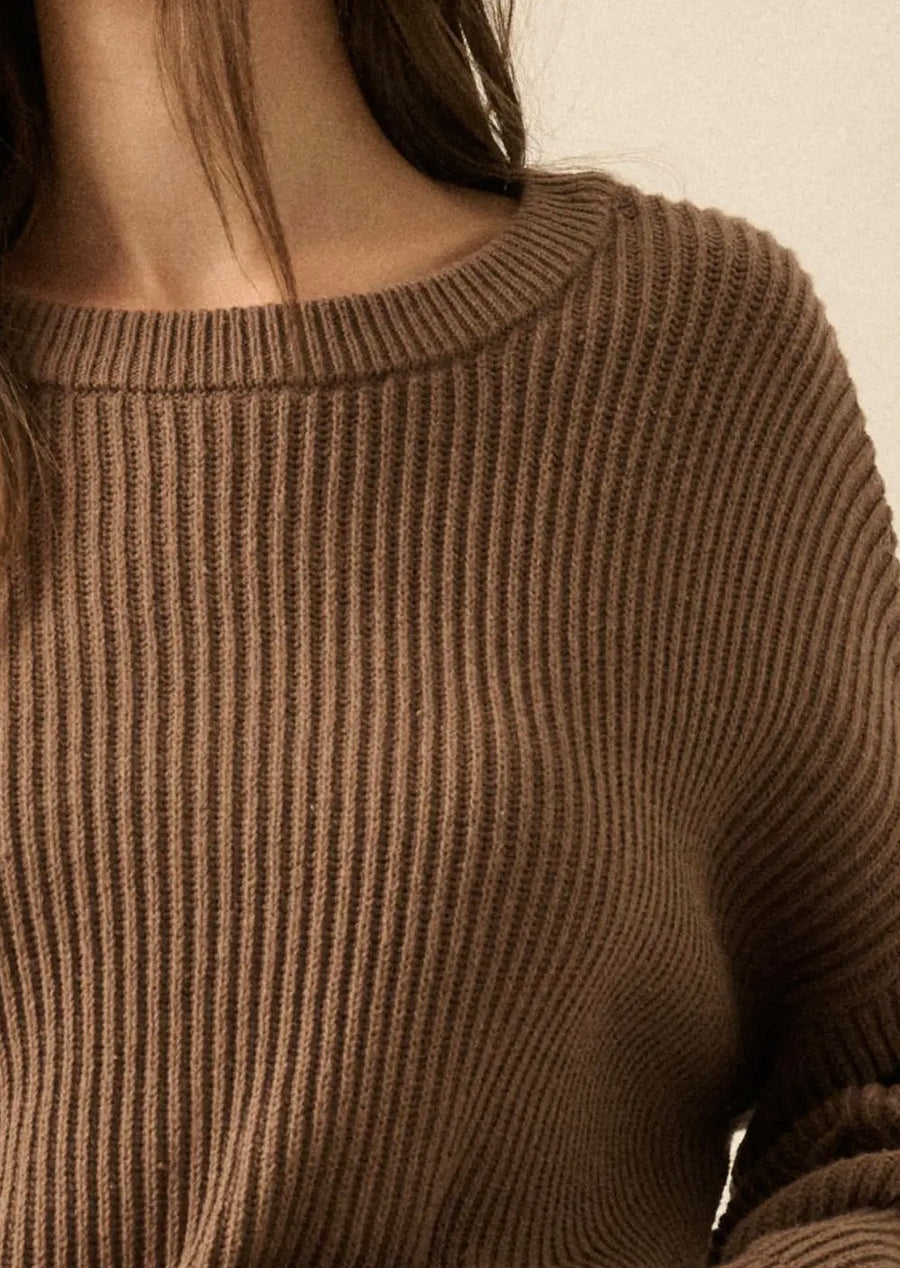 Ribbed Knit Boat Neck Sweater