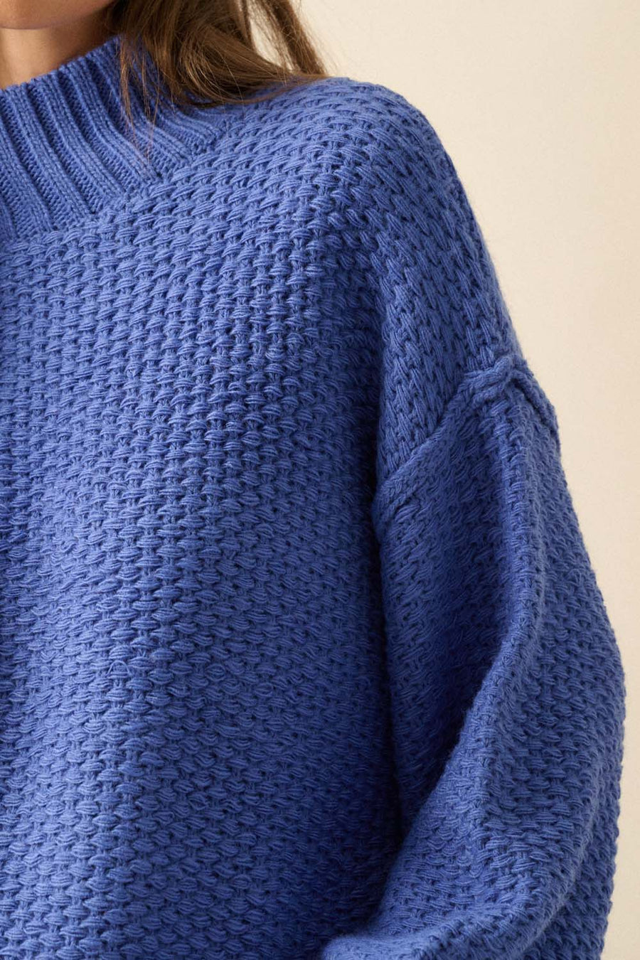 Blue Mock Neck Knit Sweater