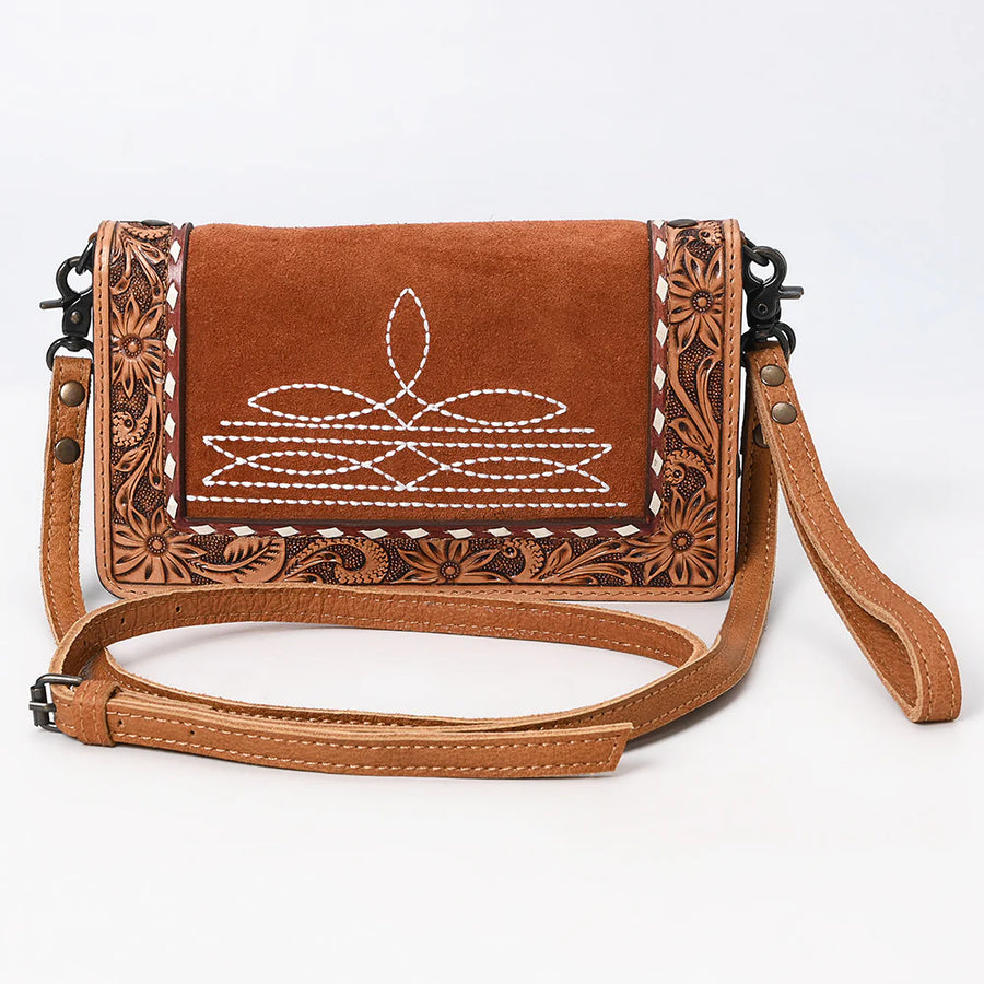 Tan Suede Floral Border Crossbody Bag