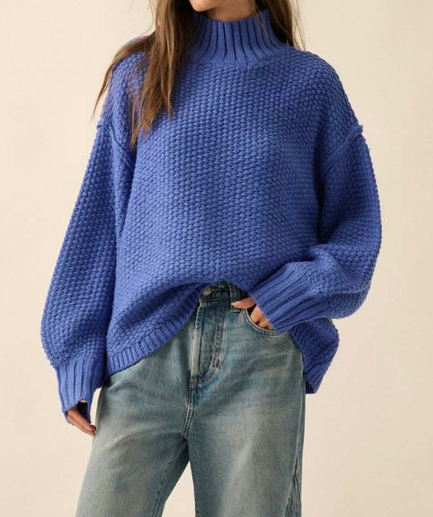 Blue Mock Neck Knit Sweater