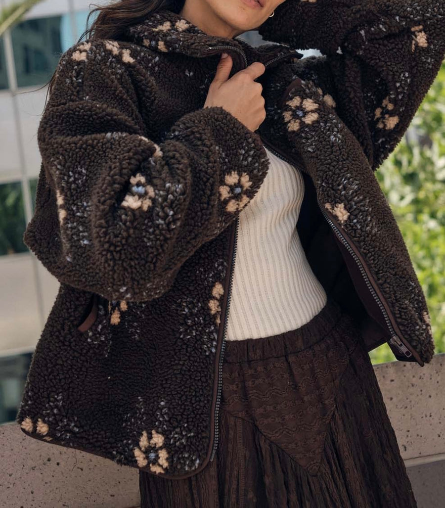 Floral Zip-Up Sherpa Jacket