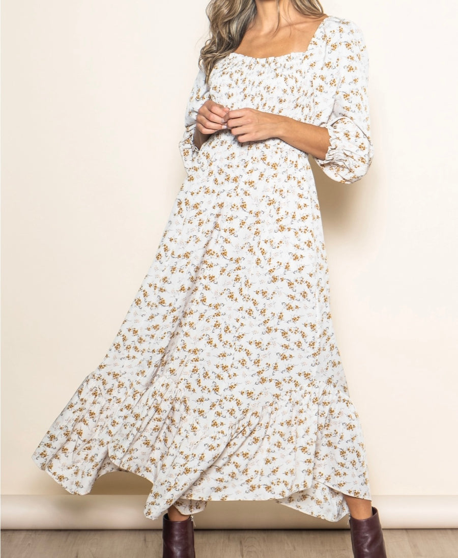 Cream Floral Long Sleeve Smocked Dress