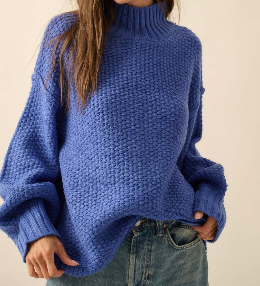 Blue Mock Neck Knit Sweater