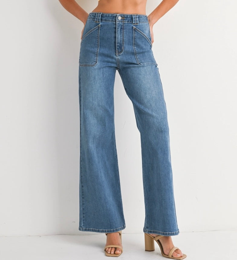Patch Pocket Wide Leg Flare Jeans