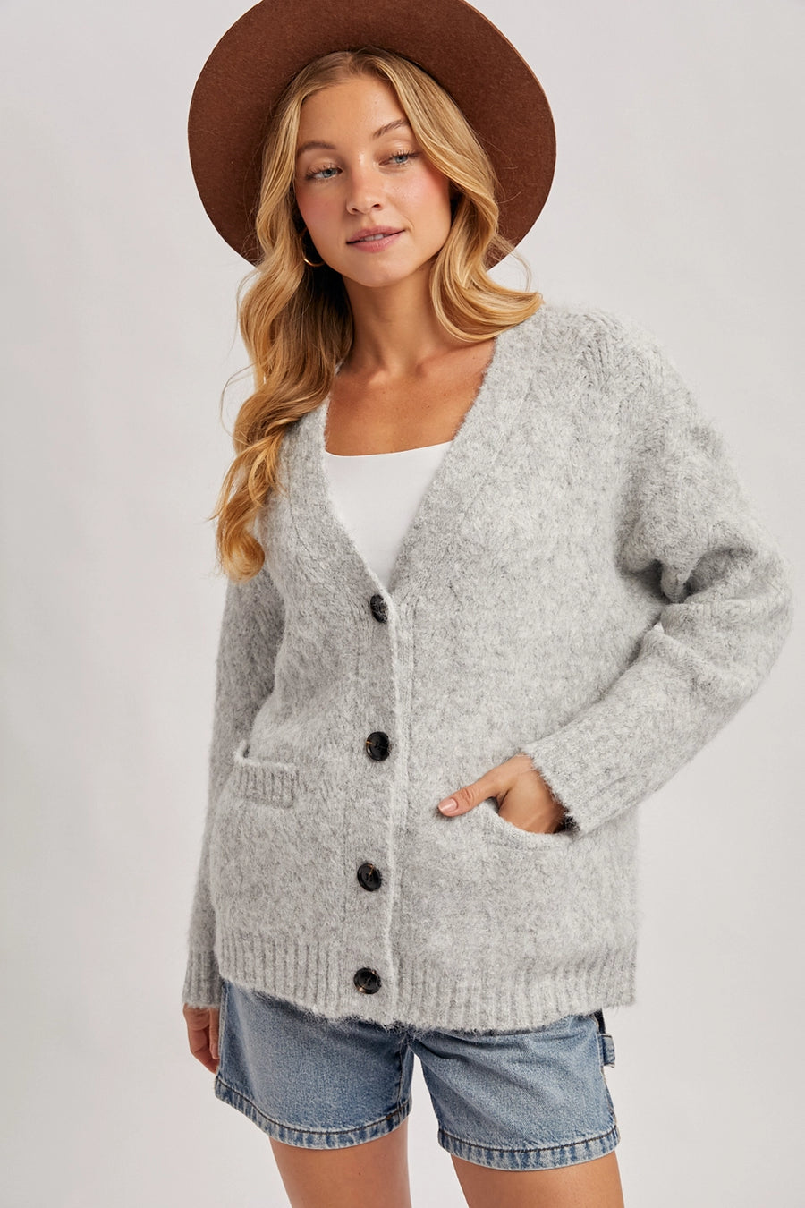 Button Down Fuzzy Heathered Knit Cardigan