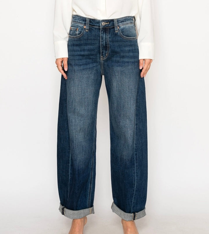 High Rise Relaxed Tapered Dark Wash Barrel Jeans