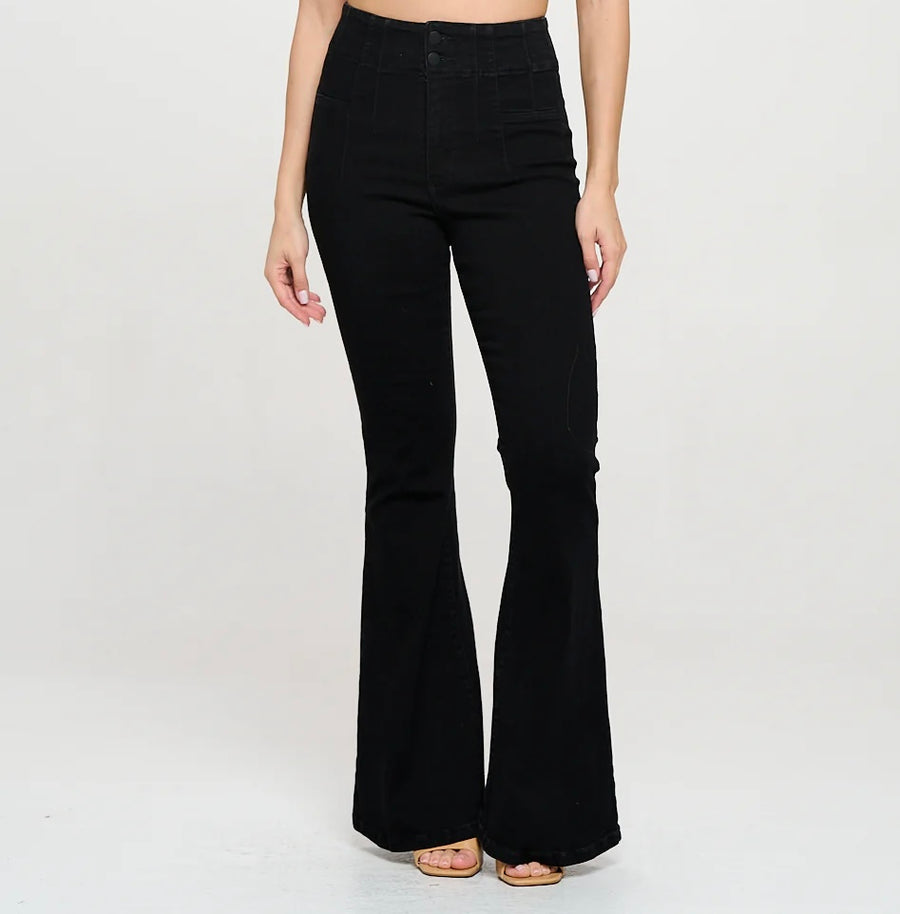 Two Button Black High Rise Flare