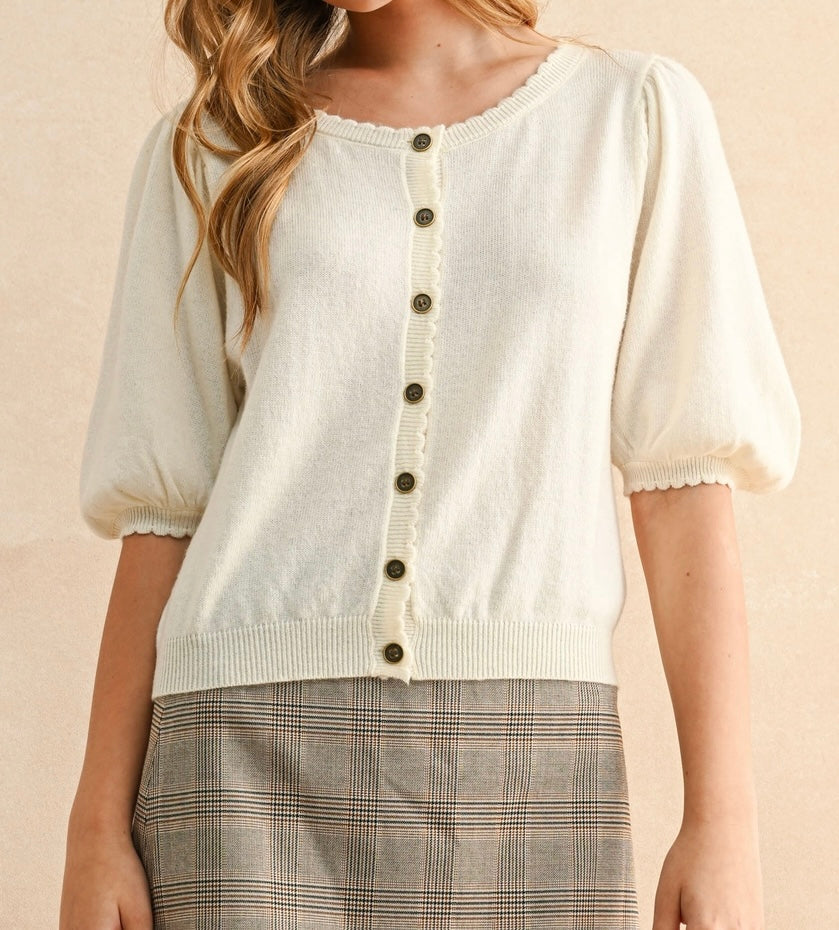 Puff Short Sleeve Button Down Knit Cardigan