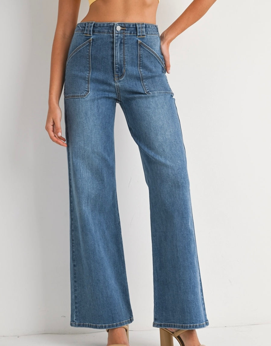 Patch Pocket Wide Leg Flare Jeans