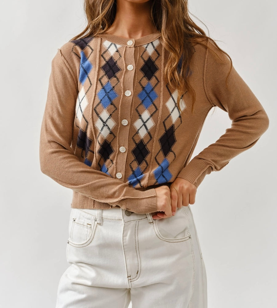 Relaxed Fit Argyle Sweater Cardigan