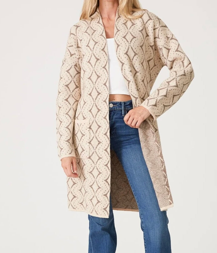 Western Diamond Jacquard Belted Cardigan- Natural