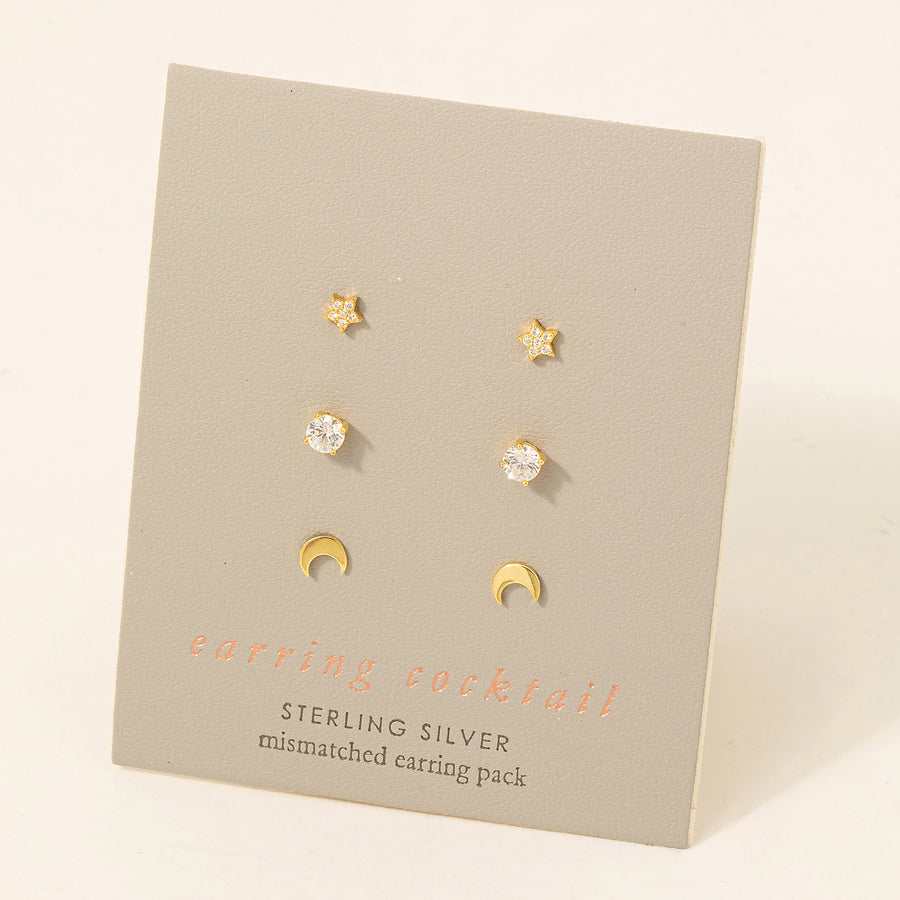 Moon, Star & Stud Sterling Silver Earring Set