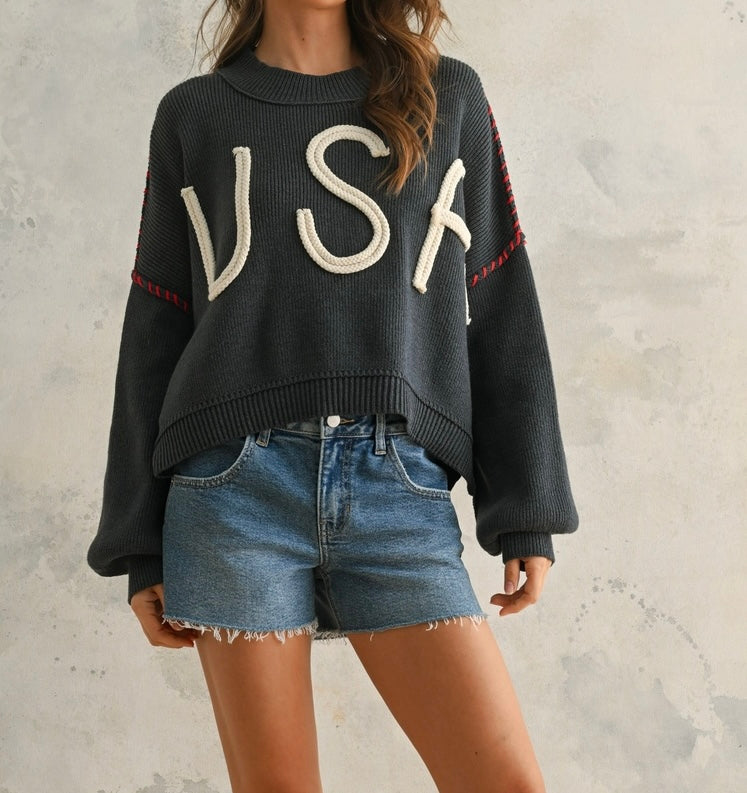 USA Rope Letter Sweater