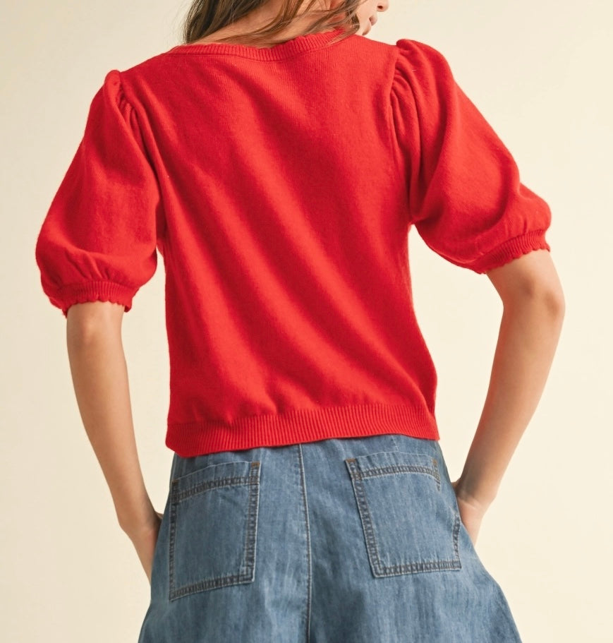 Puff Short Sleeve Button Down Knit Cardigan