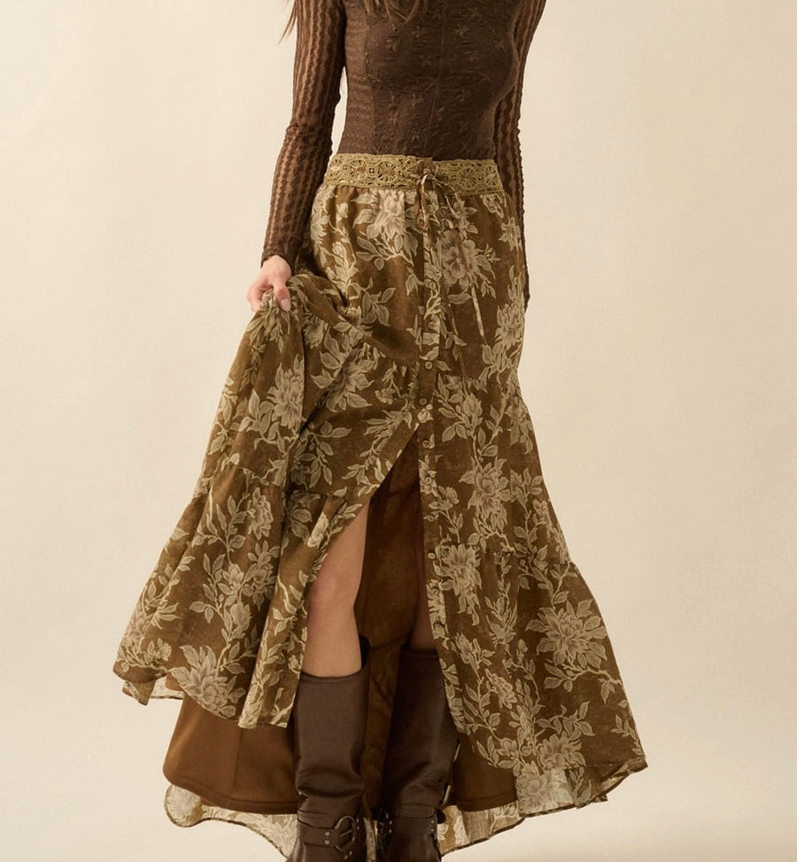 Button Front Tiered Floral Skirt