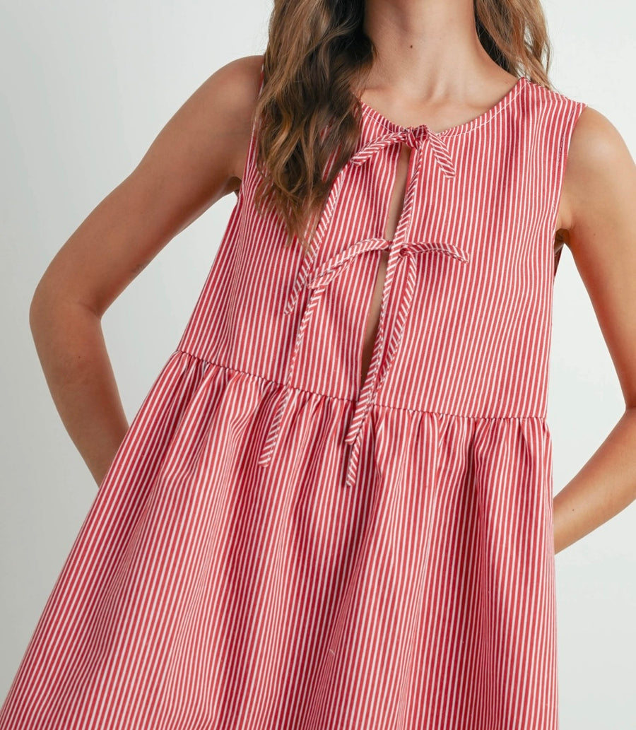 Tie-Front Red Pinstripe Dress