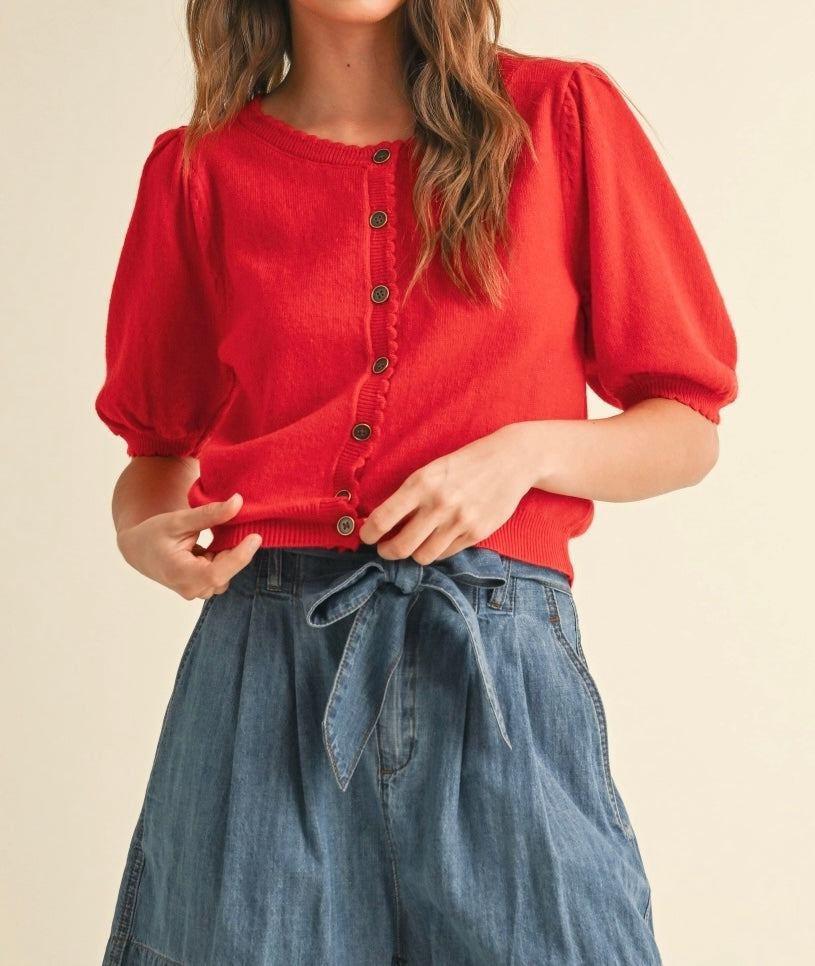 Puff Short Sleeve Button Down Knit Cardigan