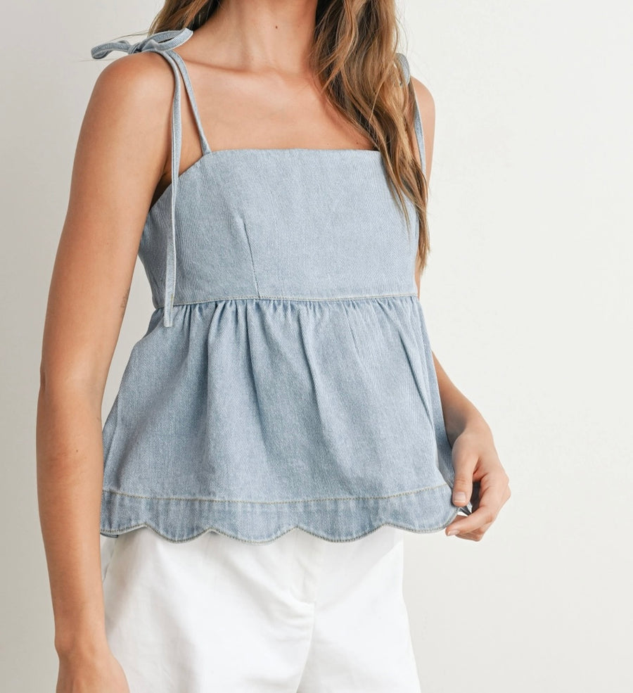 Denim Tie Strap Peplum Top