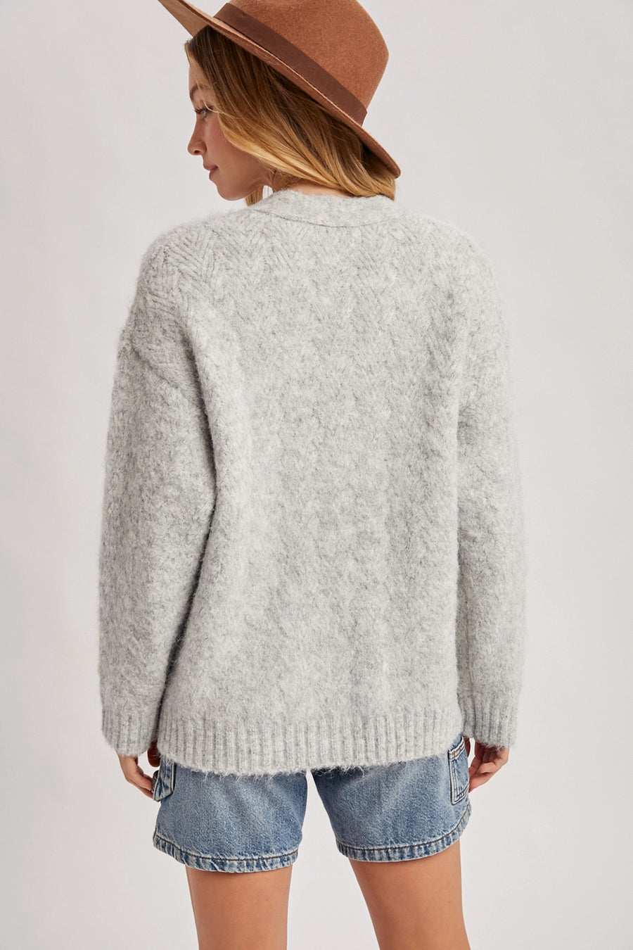 Button Down Fuzzy Heathered Knit Cardigan