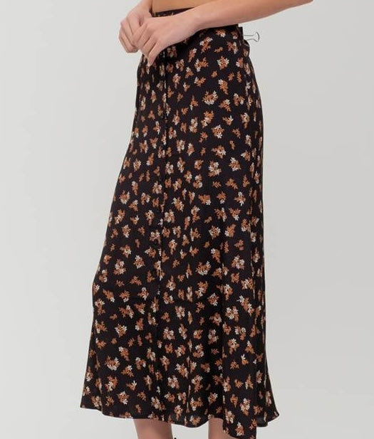 Black Floral Button Front Split Hem Midi Skirt