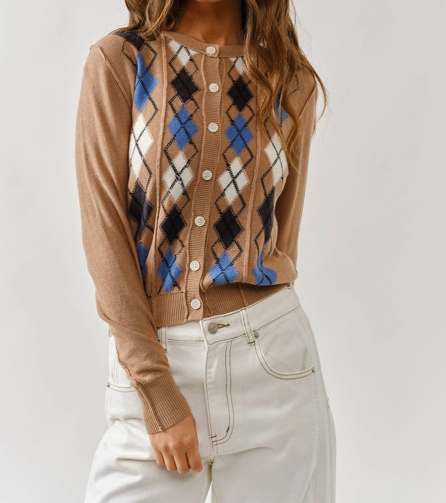 Relaxed Fit Argyle Sweater Cardigan