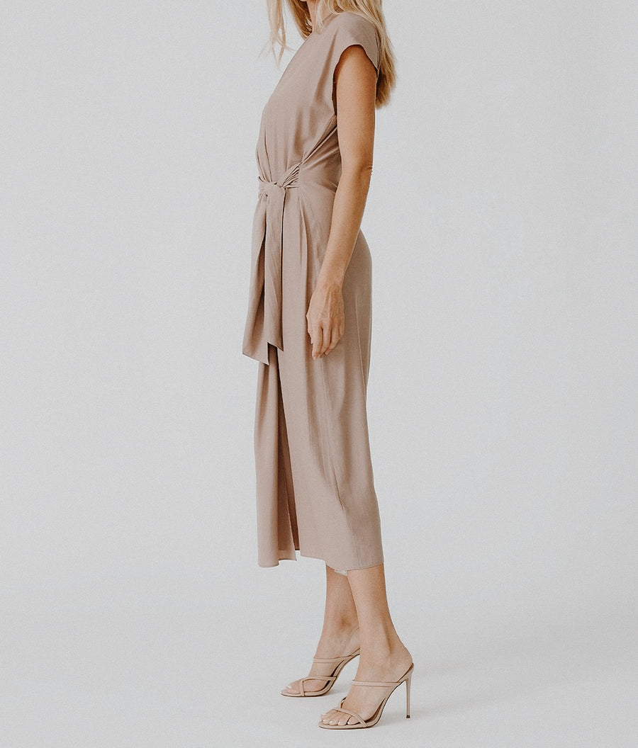 Solid Dolman Cap Sleeve Midi Wrap Dress- Mocha