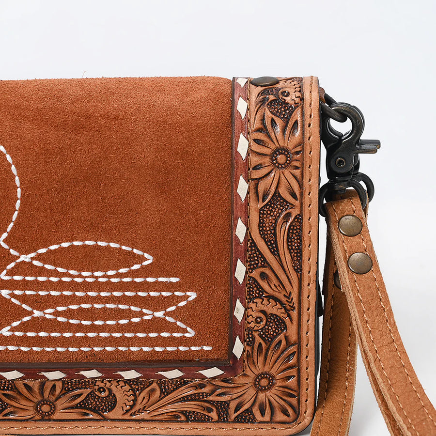 Tan Suede Floral Border Crossbody Bag