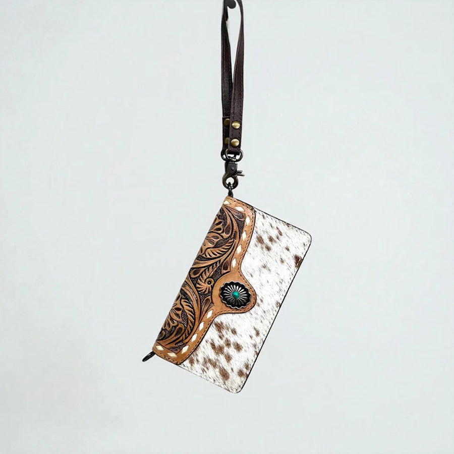 Mia Tan Cowhide & Tooled Leather Crossbody Wallet