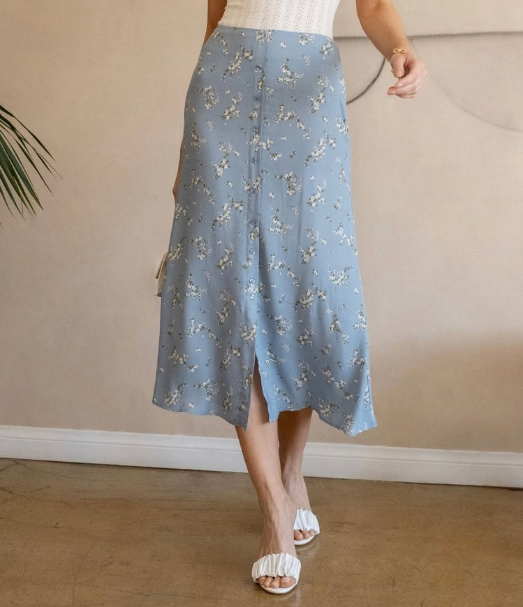 Dusty Blue Floral Button Down Midi Skirt