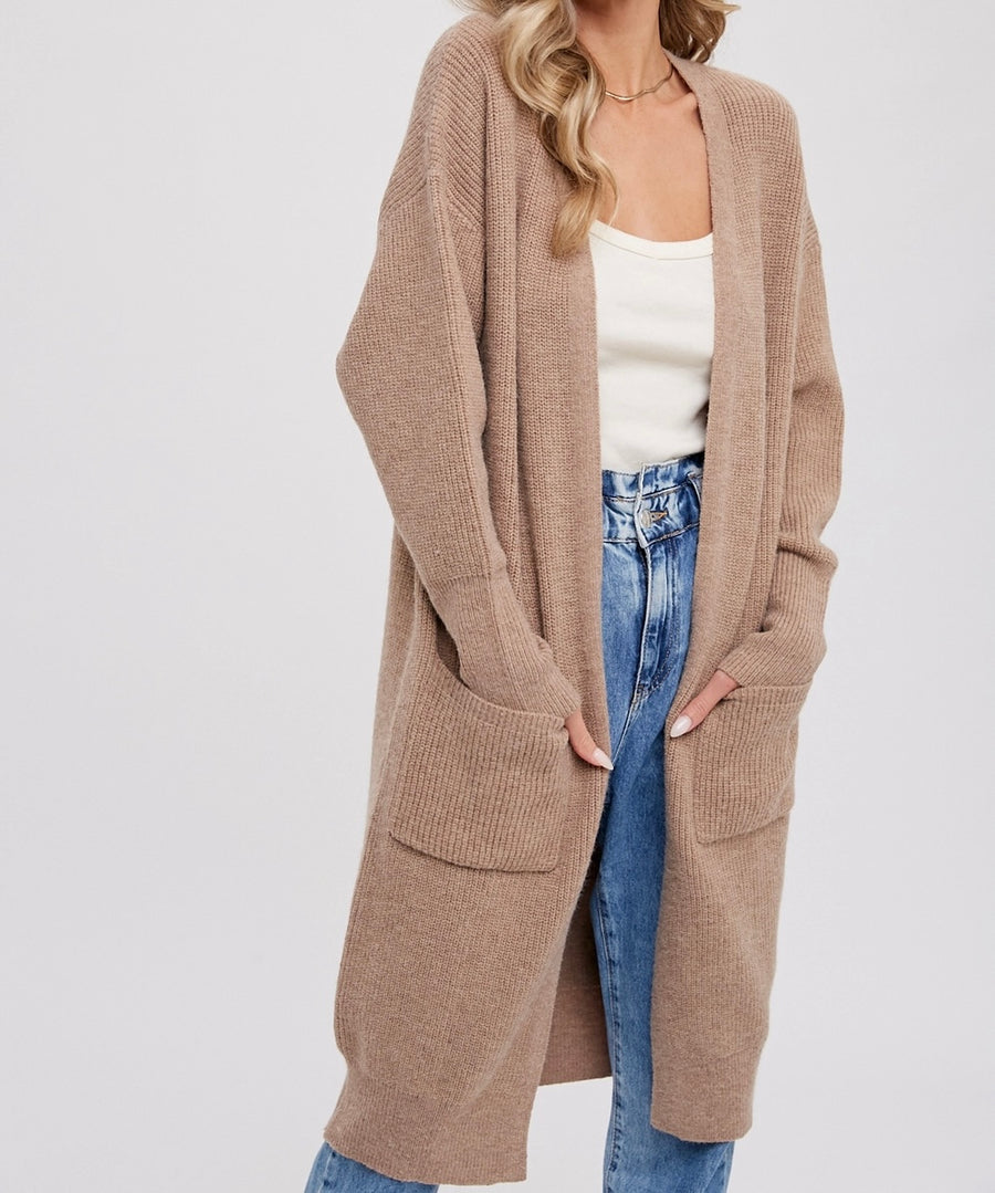 Ribbed Open Front Cardigan-Latte