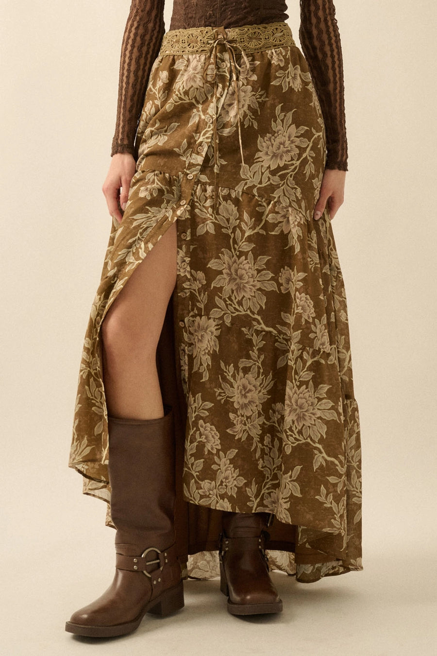 Button Front Tiered Floral Skirt