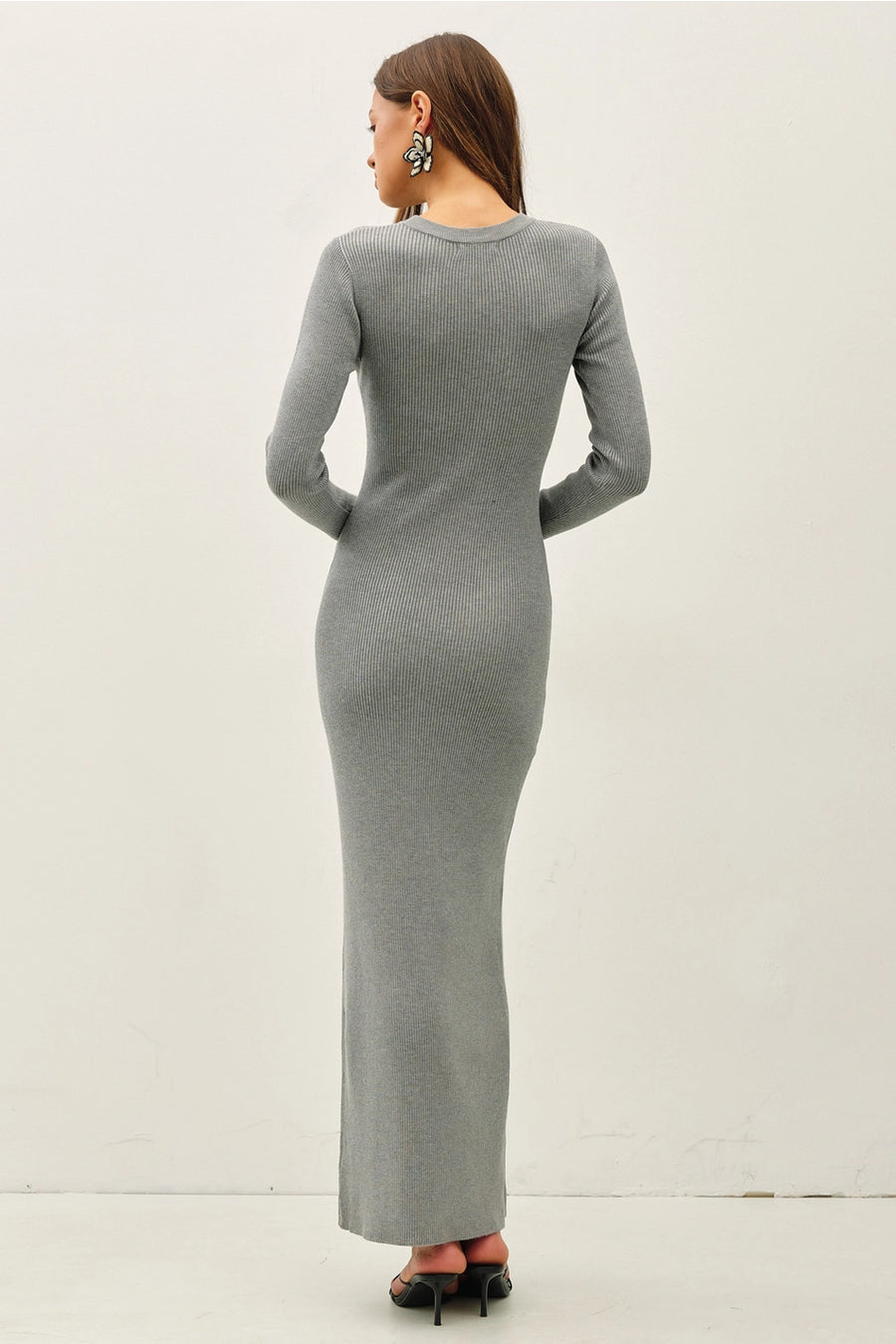 Grey Ribbed Fitted Sweater Dress