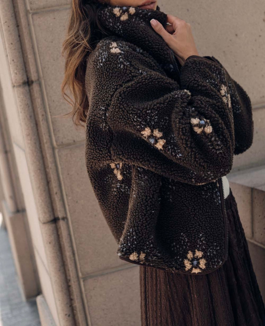Floral Zip-Up Sherpa Jacket