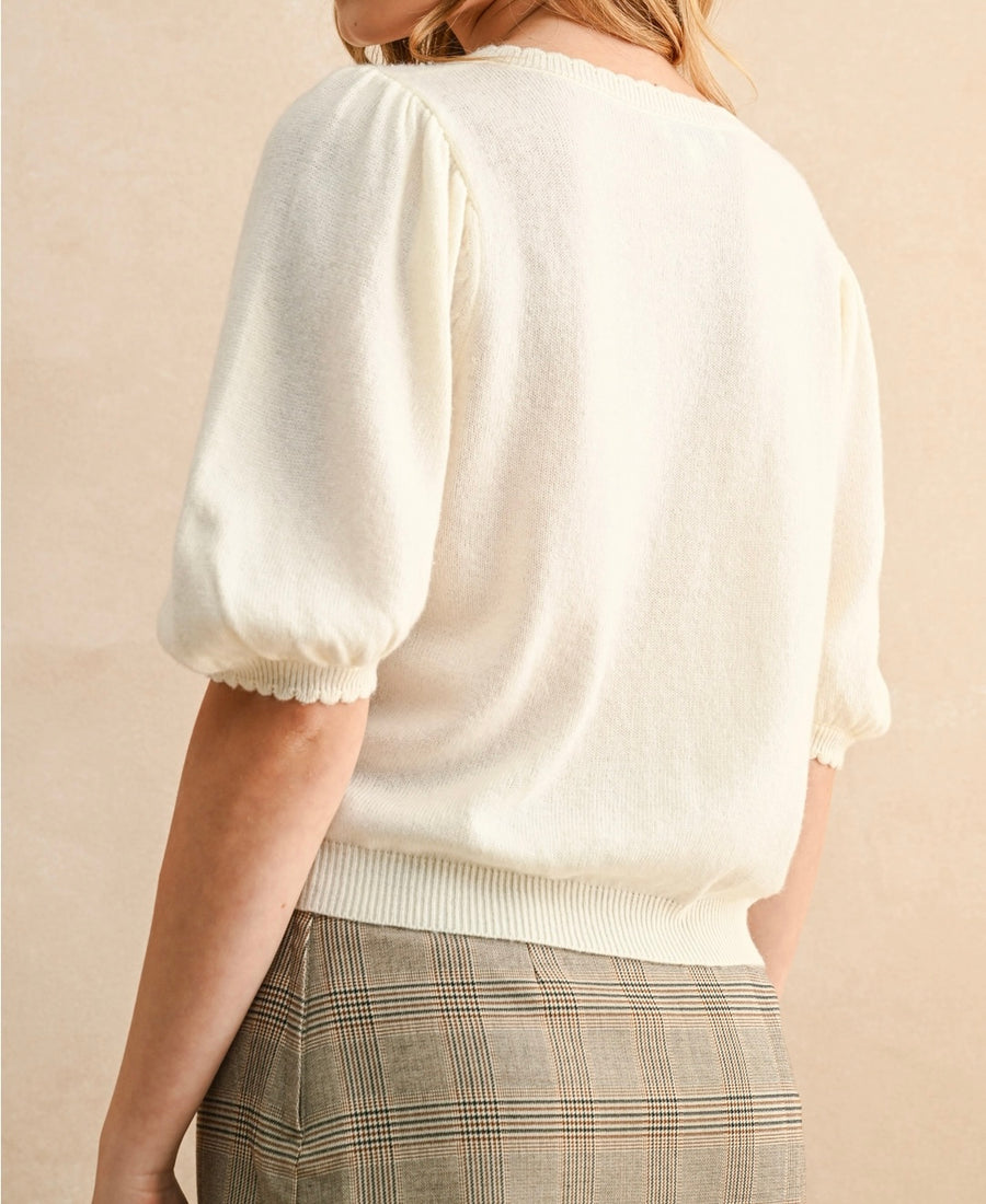 Puff Short Sleeve Button Down Knit Cardigan